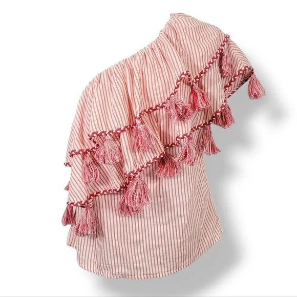NEW Misa Los Angeles Linnea One Shoulder Striped Tassel Top in Red/White Size S - Picture 3 of 10